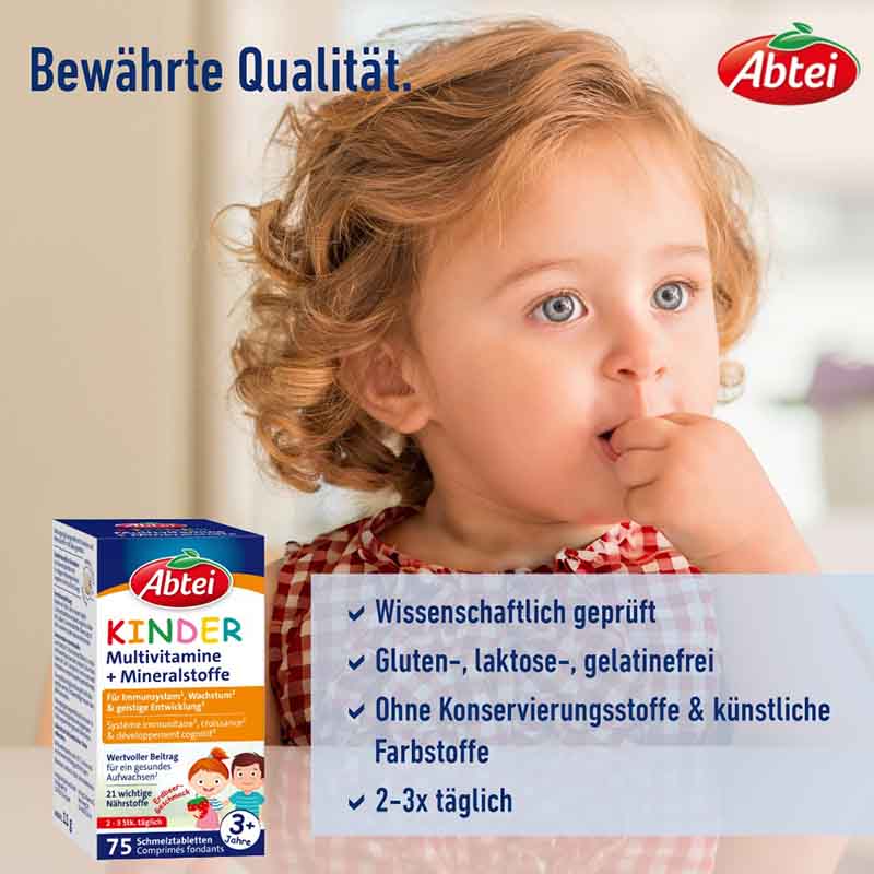 Abtei Kinder Multivitamine + Mineralstoffe Erdbeer-Geschmack Schmelztabletten 75 St Schmelztabletten