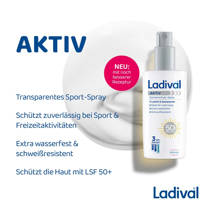 Ladival Aktiv Sonnenschutz-Spray LSF 50+: Sonnencreme für den Körper, ideal für Sport und unterwegs, extra wasserfest & schweißresistent, mit 3-fach Zellschutz, 150ml  