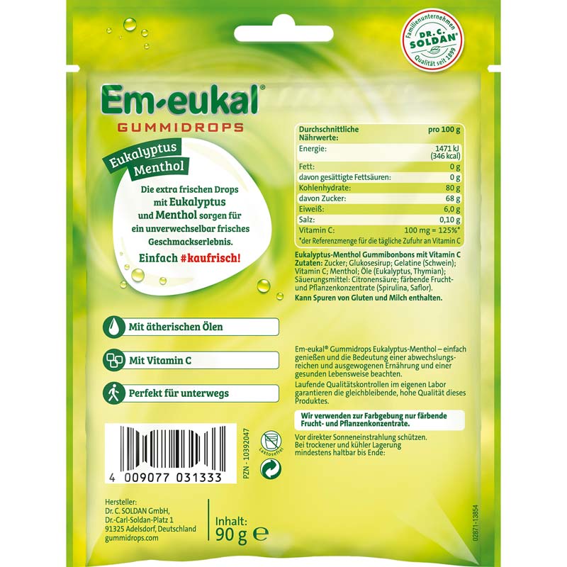 Em-eukal Gummidrops EUKALYPTUS-MENTHOL zuckerhaltig 90 g Bonbons