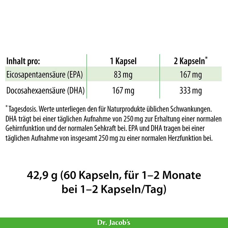 Dr. Jacob's DHA-EPA-Algenöl Kapseln Omega-3-Fettsäuren vegan