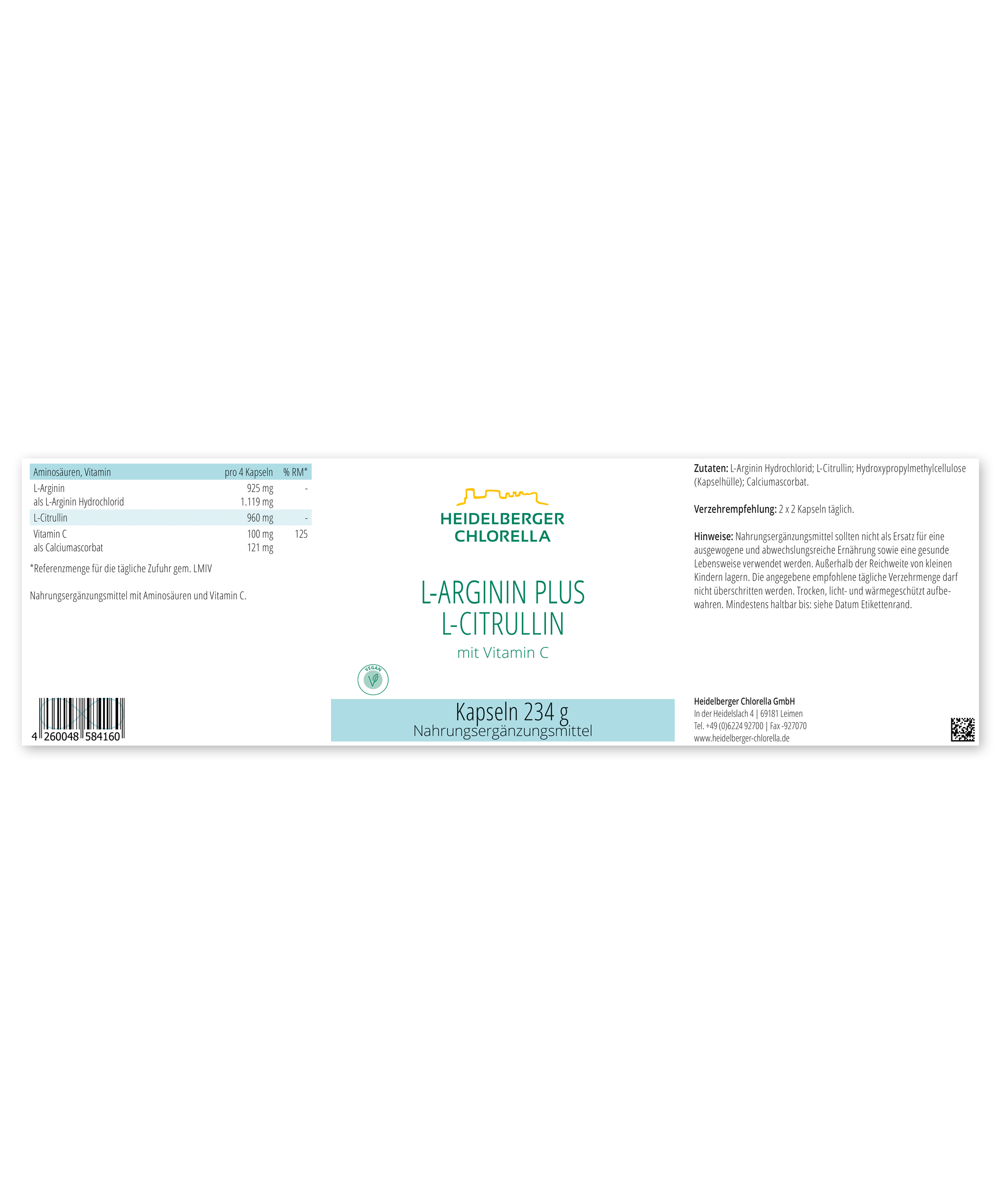 Heidelberger Chlorella L-ARGININ PLUS L-CITRULLIN 234 g Kapseln