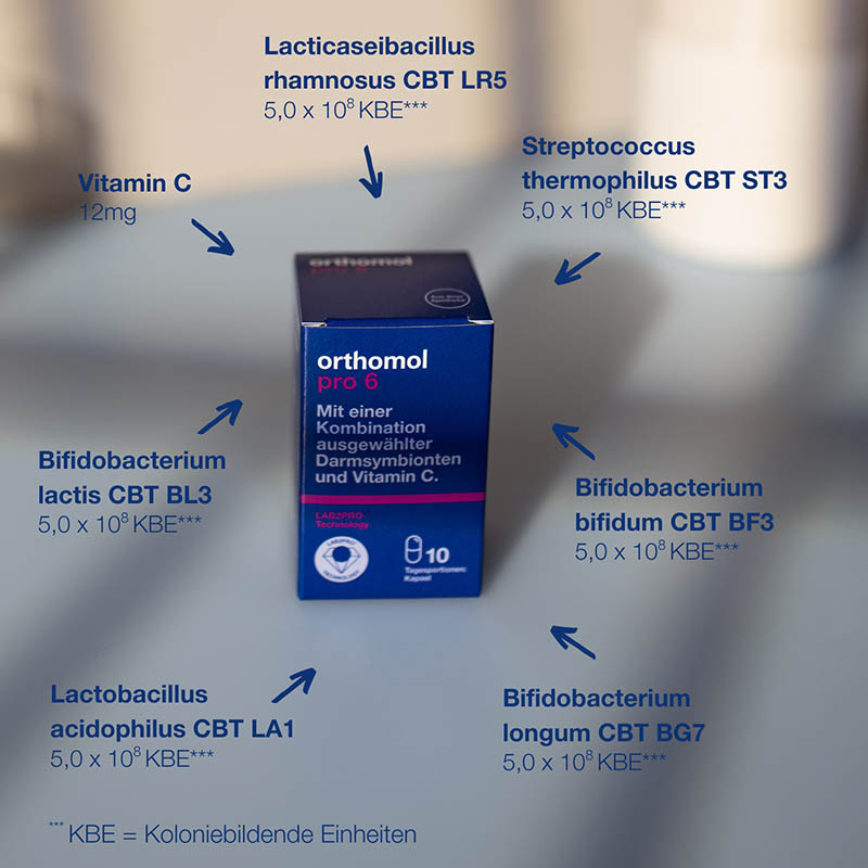 orthomol pro 6 - mit einer Kombination ausgewählter Darmsymbionten und Vitamin C - Kapseln