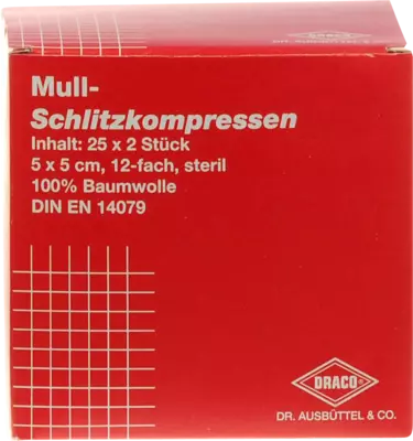 SCHLITZKOMPRESSEN Mull 5x5 cm steril 12fach 25X2 St Kompressen