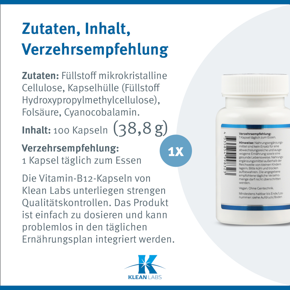 KLEAN LABS VITAMIN B12 FOLSÄURE 100 St Kapseln