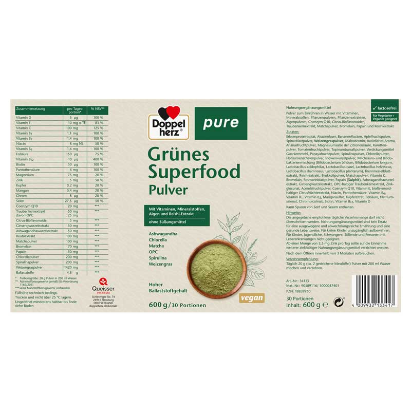 Doppelherz pure Grünes Superfood Pulver 600 g Pulver