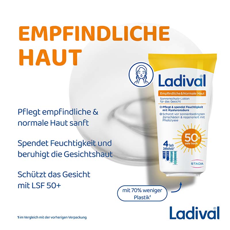 Ladival Empfindliche & Normale Haut Sonnenschutz-Lotion LSF 50+: Sonnencreme für das Gesicht bei empfindlicher und normaler Haut, mit 4-fach Zellschutz, Hyaluronsäure & Photolyase, 50ml