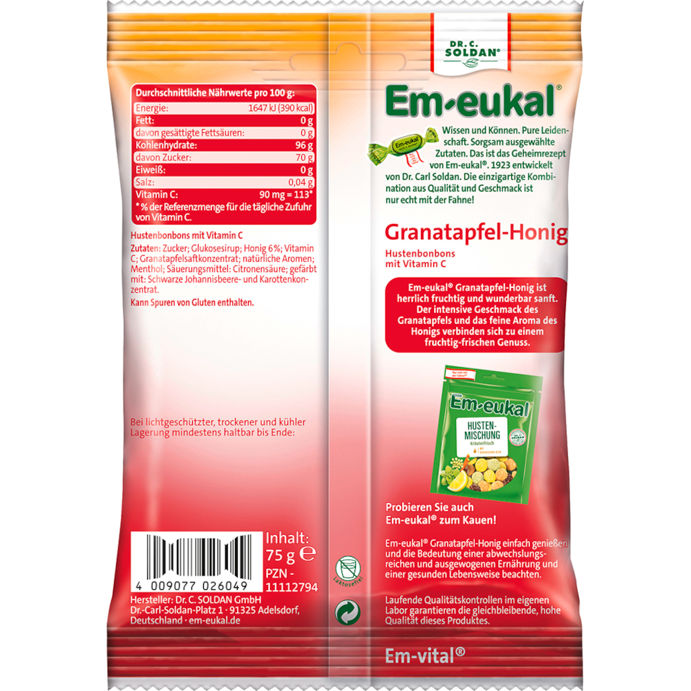 Em-eukal Granatapfel-Honig zuckerhaltig 75 g Bonbons