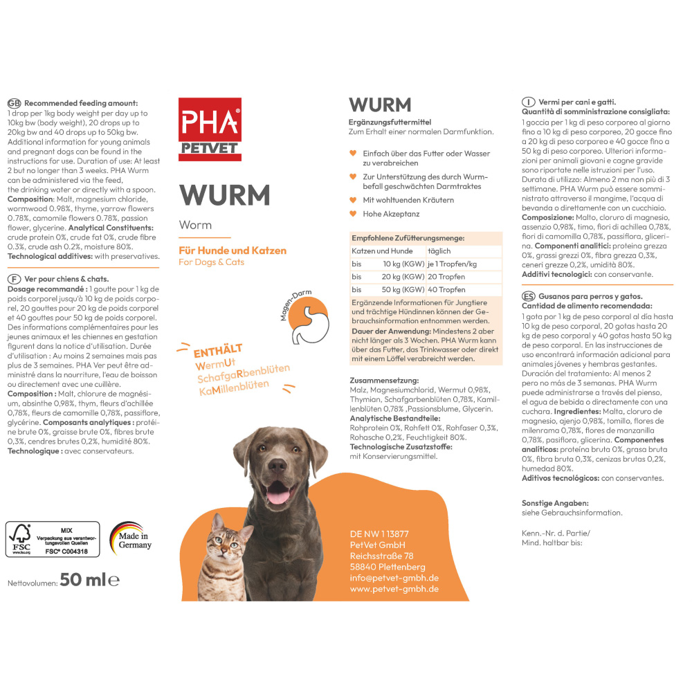 PHA Wurm für Hunde und Katzen 50 ml Tropfen