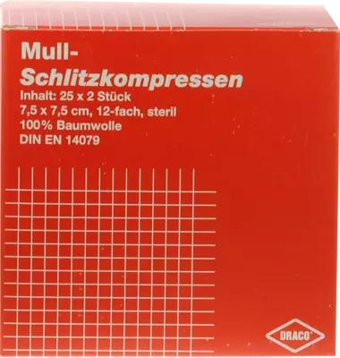 SCHLITZKOMPRESSEN Mull 7,5x7,5 cm steril 12fach 25X2 St Kompressen