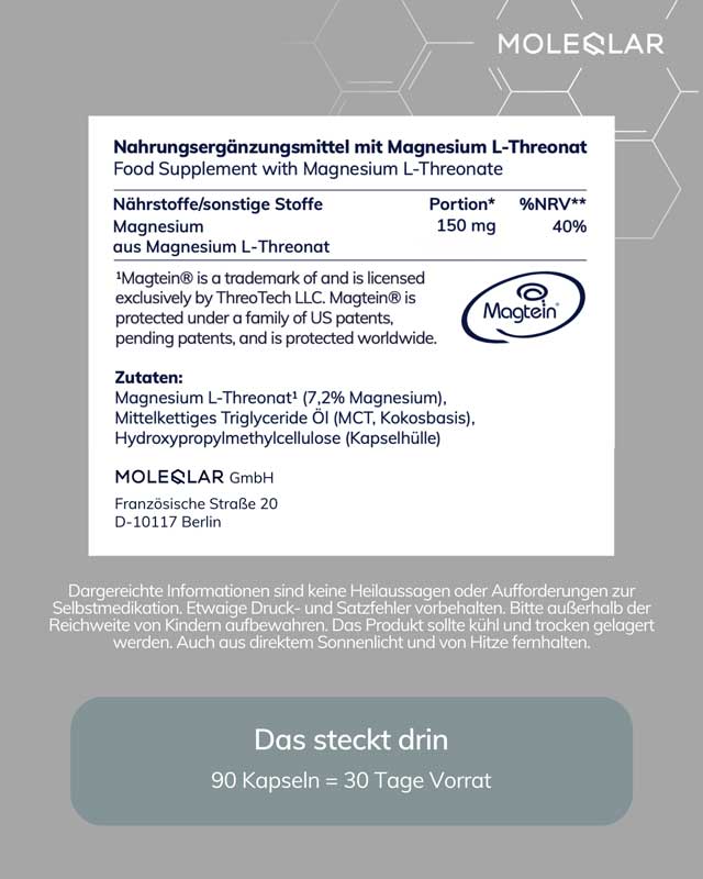 MOLEQLAR LONGEVITY Magtein MAGNESIUM L-THREONATE 90 St Kapseln
