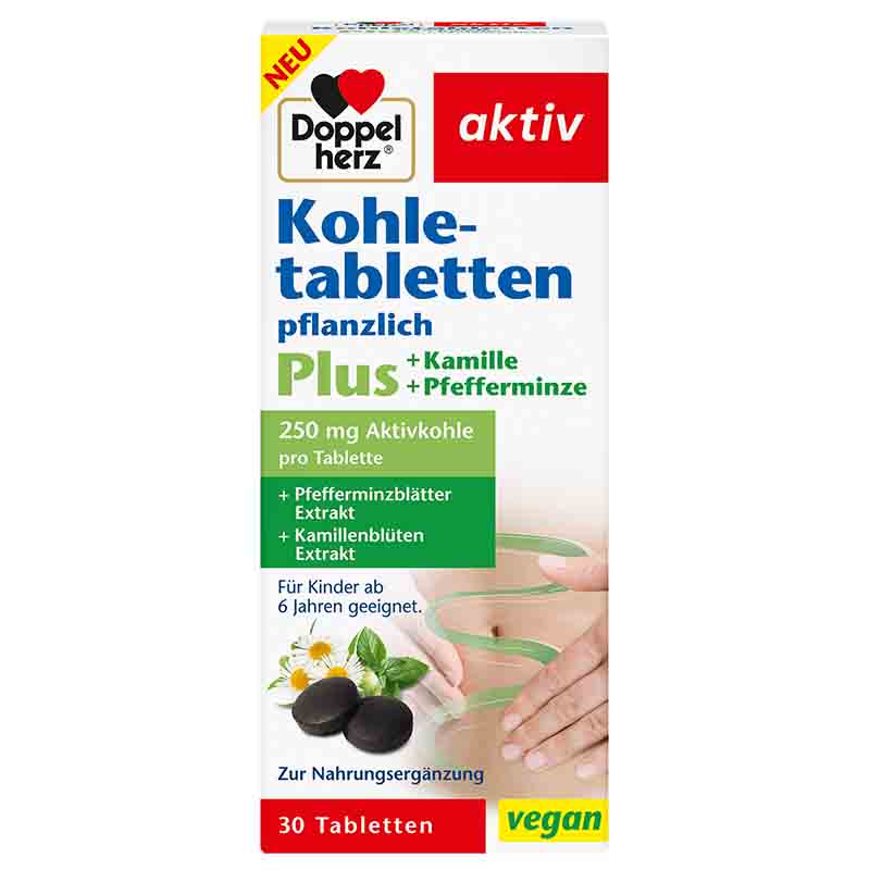 Doppelherz aktiv Kohletabletten pflanzlich Plus Kamille + Pfefferminze 30 St Tabletten