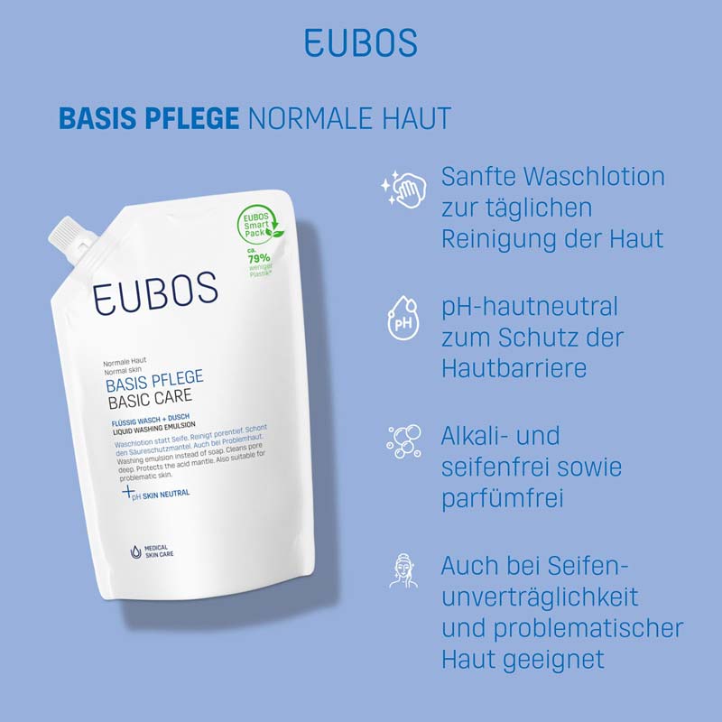 EUBOS Normale Haut BASIS PFLEGE FLÜSSIG WASCH + DUSCH Nachfüllbeutel unparfümiert 400 ml Flüssigkeit