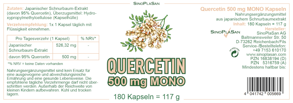 QUERCETIN 500 mg MONO 180 St Kapseln