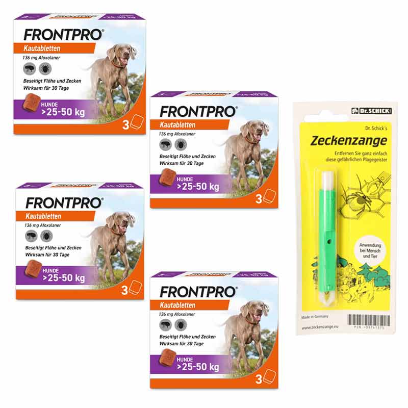 4x FRONTPRO Hunde 25-50kg + Zeckenzange Set 1 St Sparset