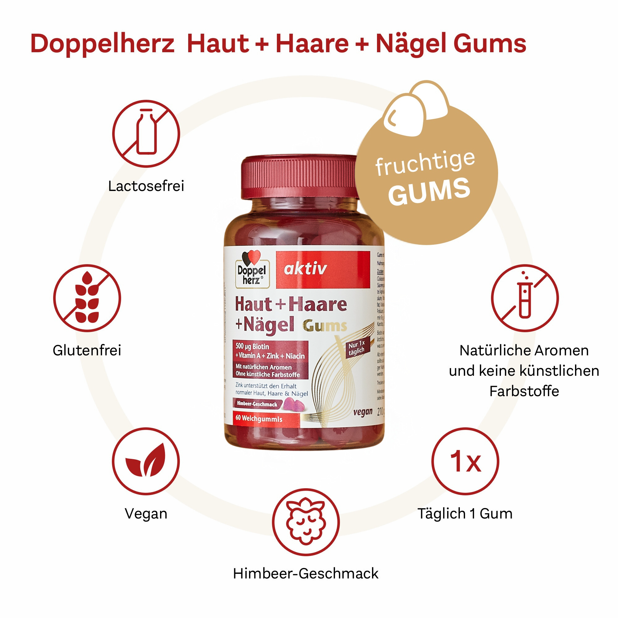 Doppelherz aktiv Haut + Haare + Nägel Gums Himbeergeschmack 60 St Kaudragees