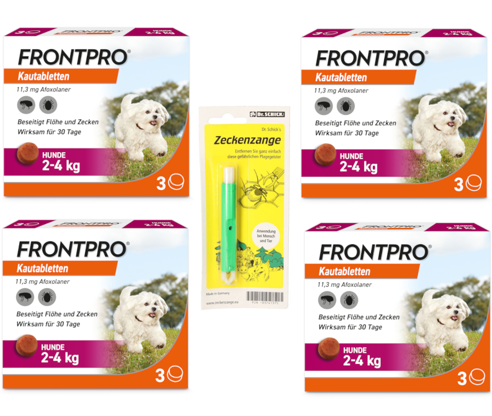 4x FRONTPRO Hunde 2-4 kg + Zeckenzange Set 1 St Sparset