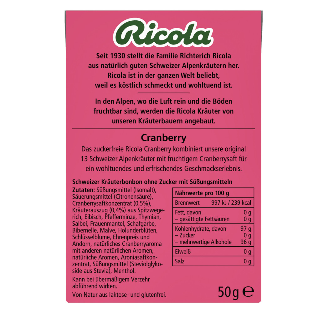 Ricola Cranberry Schweizer Kräuterbonbon zuckerfrei 50 g Bonbons