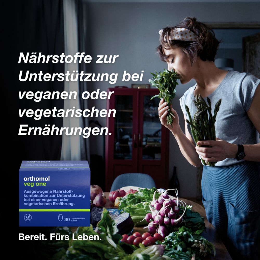orthomol veg one - unterstützt bei veganer oder vegetarischer Ernährung - mit Vitamin D, Omega-3-Fettsäure und Eisen - Kapseln