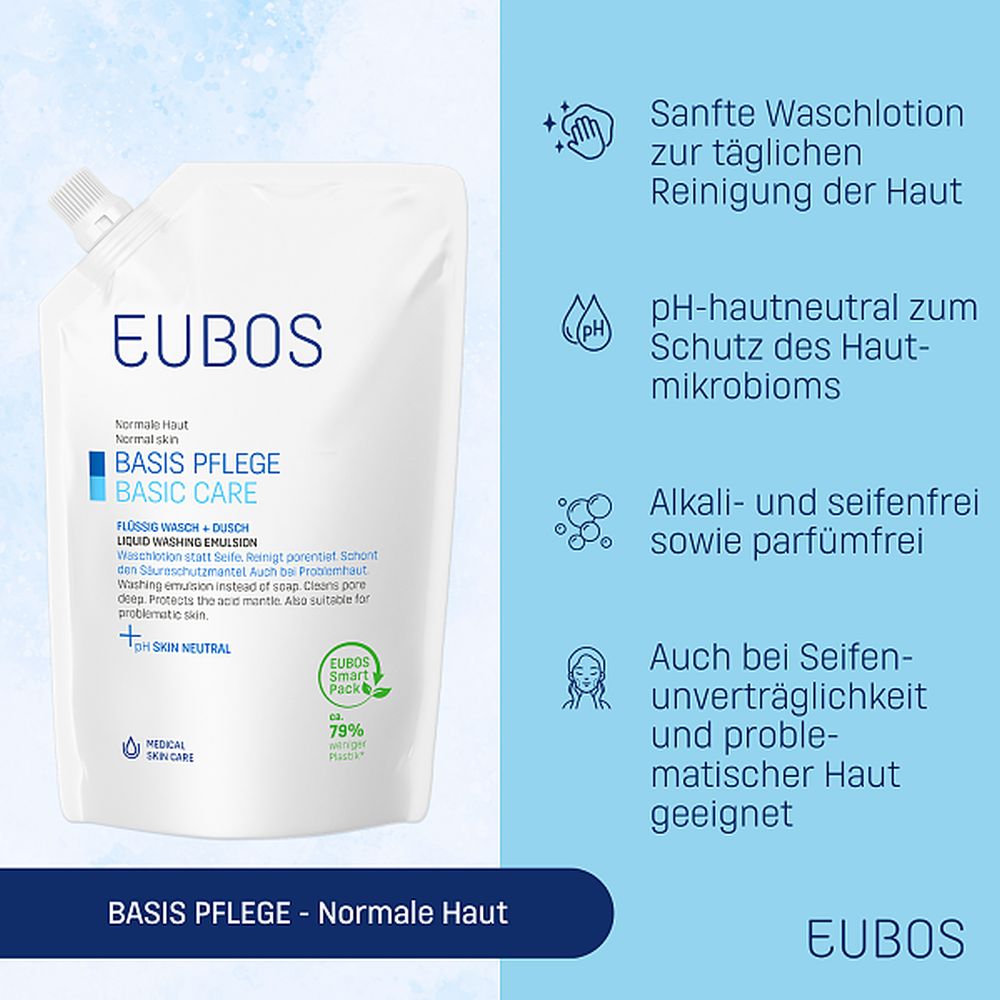 EUBOS Normale Haut BASIS PFLEGE FLÜSSIG WASCH + DUSCH Nachfüllbeutel unparfümiert 400 ml Flüssigkeit