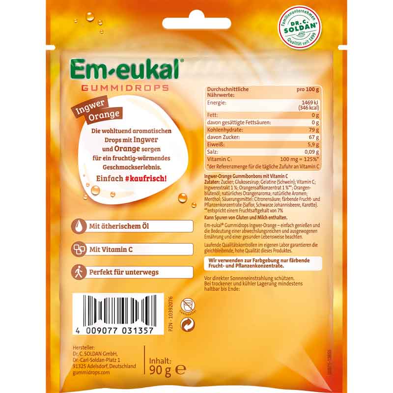 Em-eukal Gummidrops INGWER-ORANGE zuckerhaltig 90 g Bonbons
