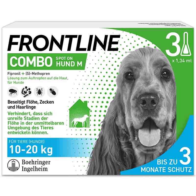 FRONTLINE COMBO gegen Zecken, Flöhe (Flöhe, Eier, Larven, Puppen) für Hunde M (10-20 Kg) 3 St Lösung