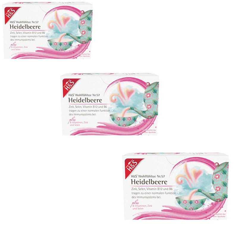 H&S Wohlfühltee Heidelbeere mit B-Vitaminen, Zink und Selen 3er Set 3X20X2,5 g Filterbeutel