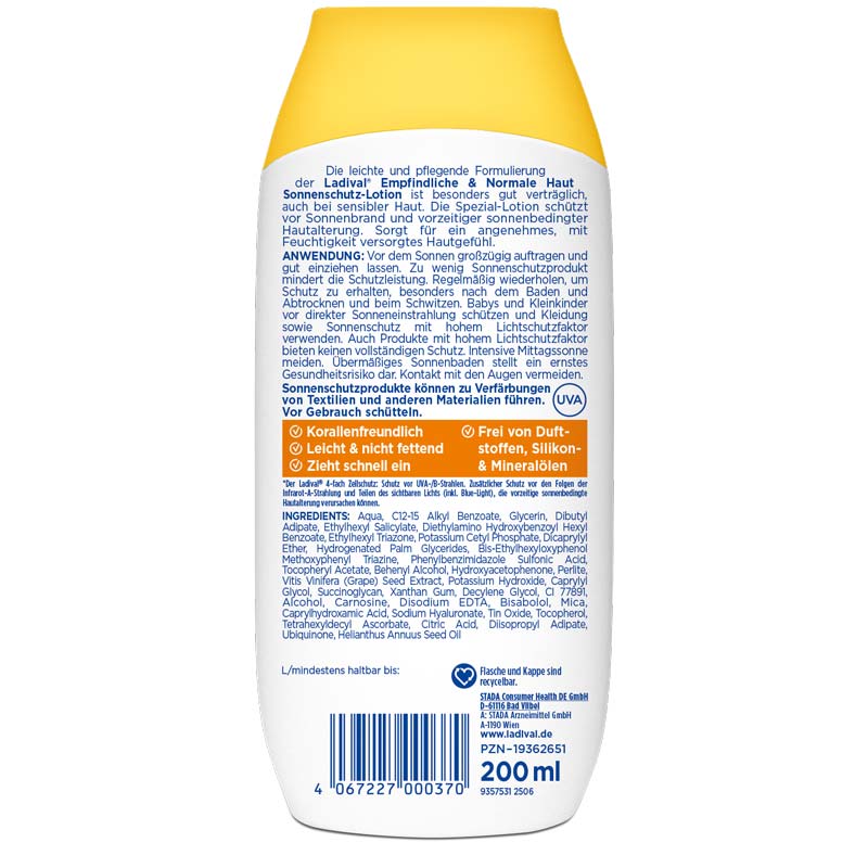 Ladvial Empfindliche & Normale Haut Sonnenschutz-Lotion LSF 30: Sonnencreme für den Körper, spendet Feuchtigkeit, wasserfest, mit 4-fach Zellschutz, 200ml