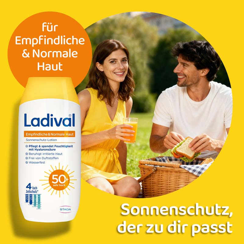 Ladvial Empfindliche & Normale Haut Sonnenschutz-Lotion LSF 50+: Sonnencreme für den Körper, spendet Feuchtigkeit, wasserfest, mit 4-fach Zellschutz, 200ml