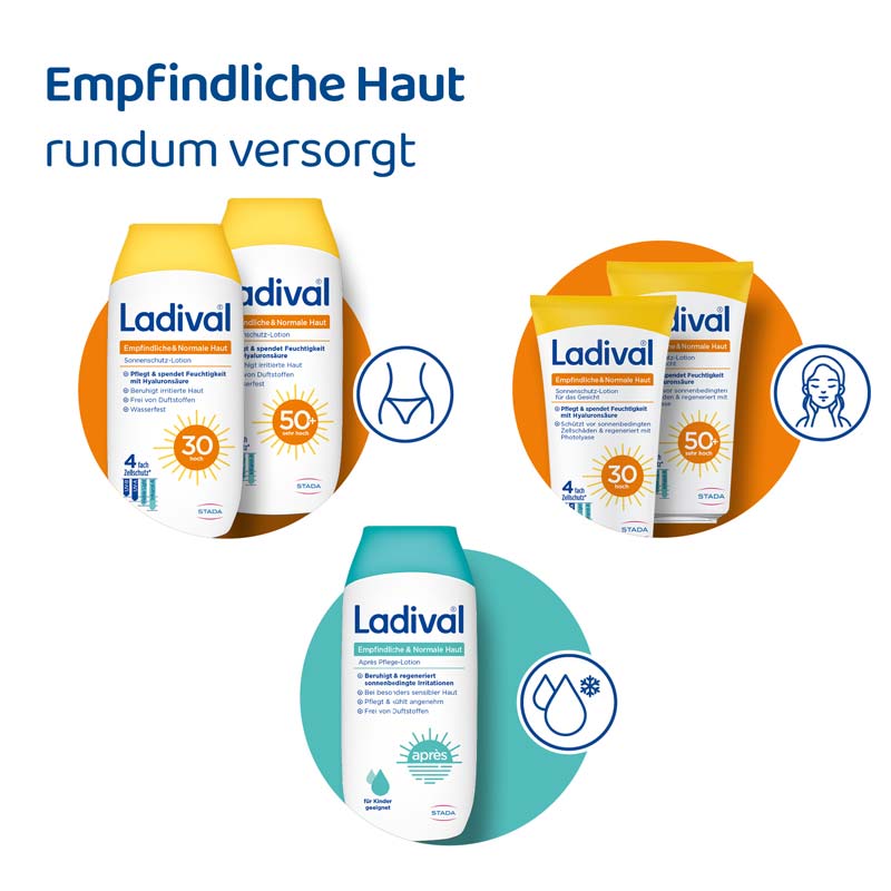 Ladvial Empfindliche & Normale Haut Sonnenschutz-Lotion LSF 50+: Sonnencreme für den Körper, spendet Feuchtigkeit, wasserfest, mit 4-fach Zellschutz, 200ml