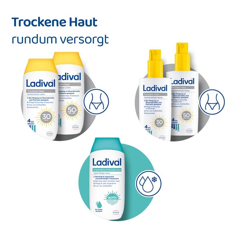 Ladival Trockene Haut Sonnenschutz-Spray LSF 30: Sonnencreme bei Neigung zu Neurodermitis, Psoriasis & bei trockener Haut, beruhigend und pflegend mit Hyaluronsäure, mit 4-fach Zellschutz, wasserfest, 150ml