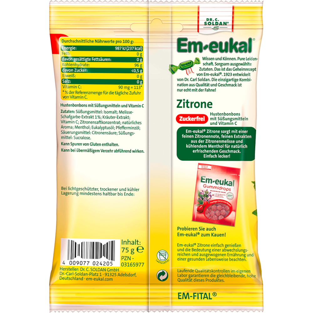 Em-eukal Zitrone zuckerfrei 75 g Bonbons
