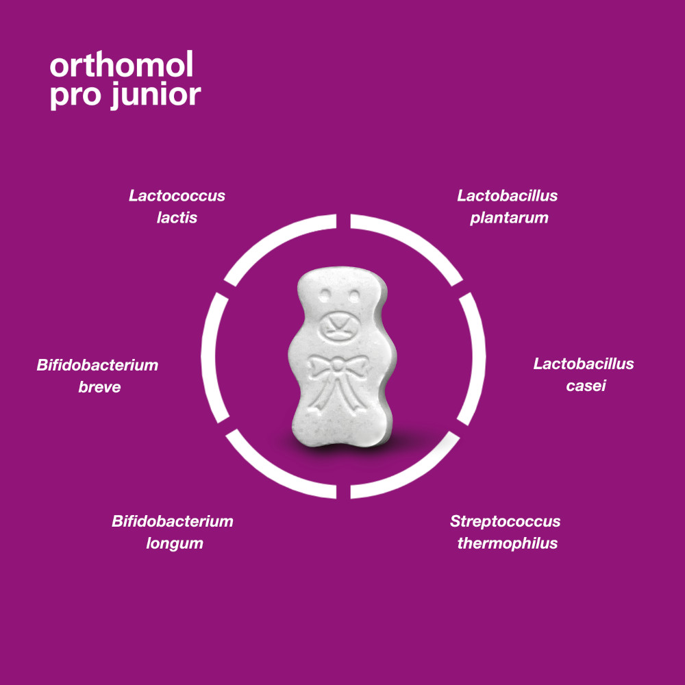orthomol pro junior - enthält eine Kombination ausgewählter Darmsymbionten und Vitamin C - Kautabletten