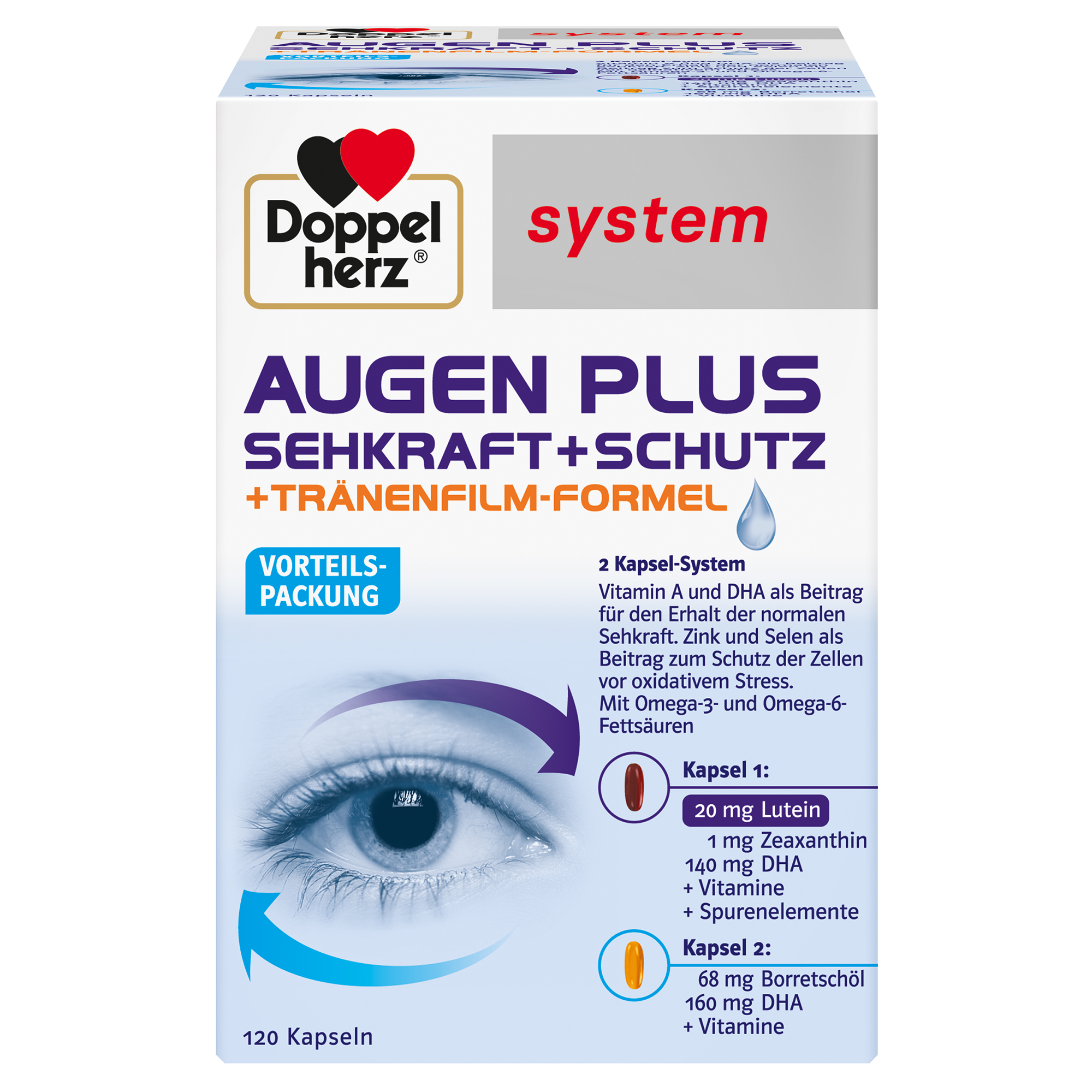 Doppelherz system AUGEN PLUS SEHKRAFT+SCHUTZ+TRÄNENFILM-FORMEL 120 St Kapseln
