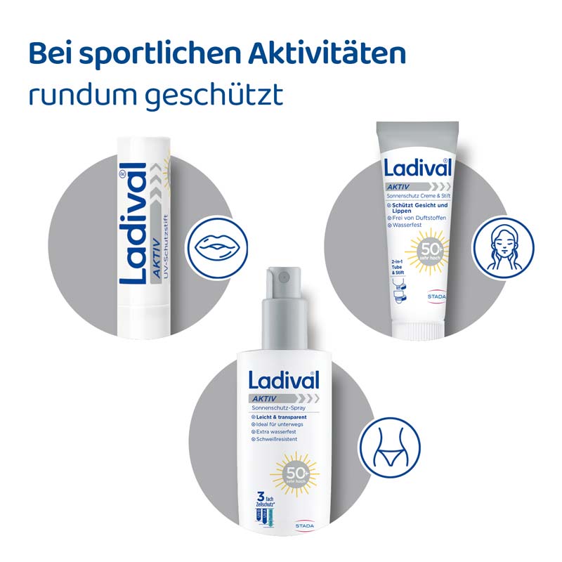 Ladival Aktiv Sonnenschutz-Spray LSF 50+: Sonnencreme für den Körper, ideal für Sport und unterwegs, extra wasserfest & schweißresistent, mit 3-fach Zellschutz, 150ml  
