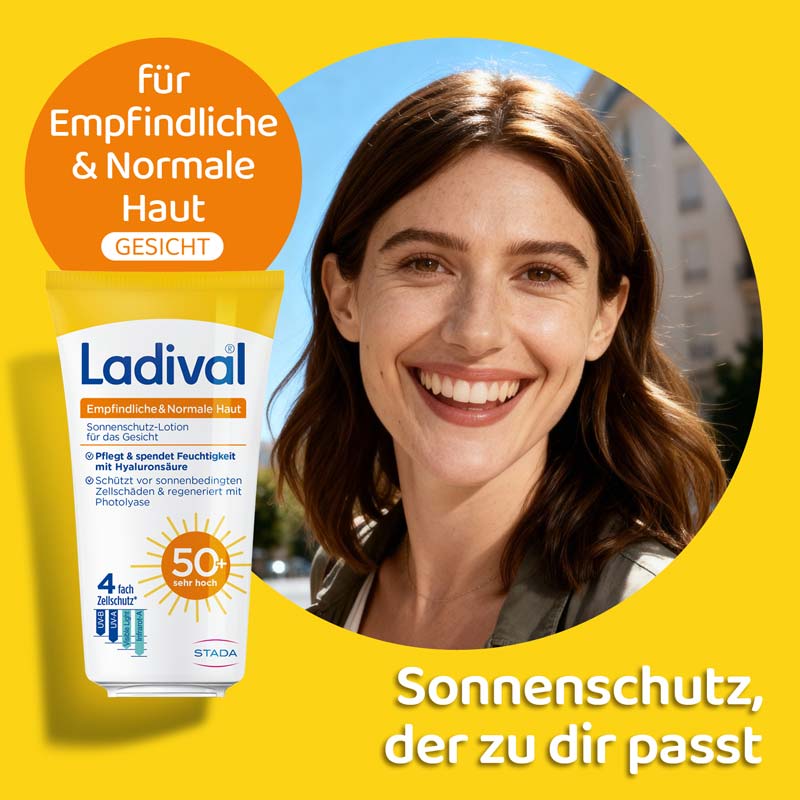 Ladival Empfindliche & Normale Haut Sonnenschutz-Lotion LSF 50+: Sonnencreme für das Gesicht bei empfindlicher und normaler Haut, mit 4-fach Zellschutz, Hyaluronsäure & Photolyase, 50ml