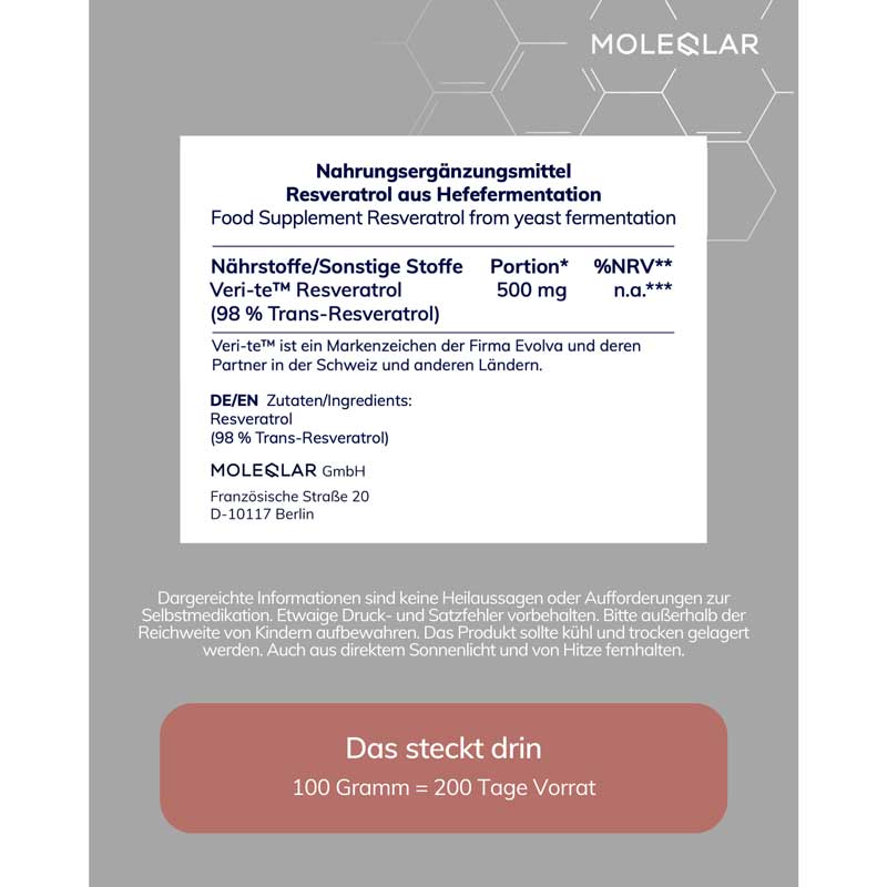 MOLEQLAR RESVERATROL TRANS-RESVERTROL PULVER 100 g Pulver
