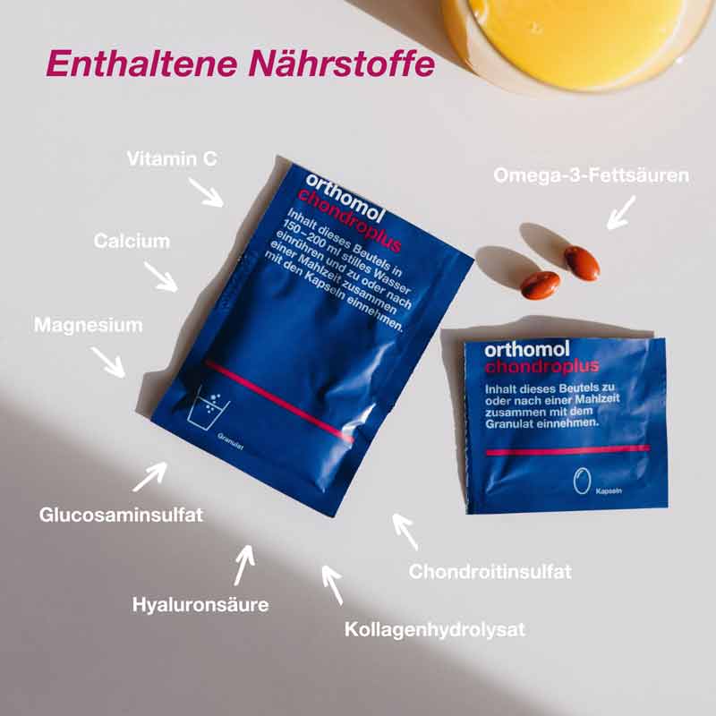 orthomol chondroplus - Nährstoffe mit Glucosamin-, Chondroitinsulfat und Hyaluronsäure - Granulat/Kapseln
