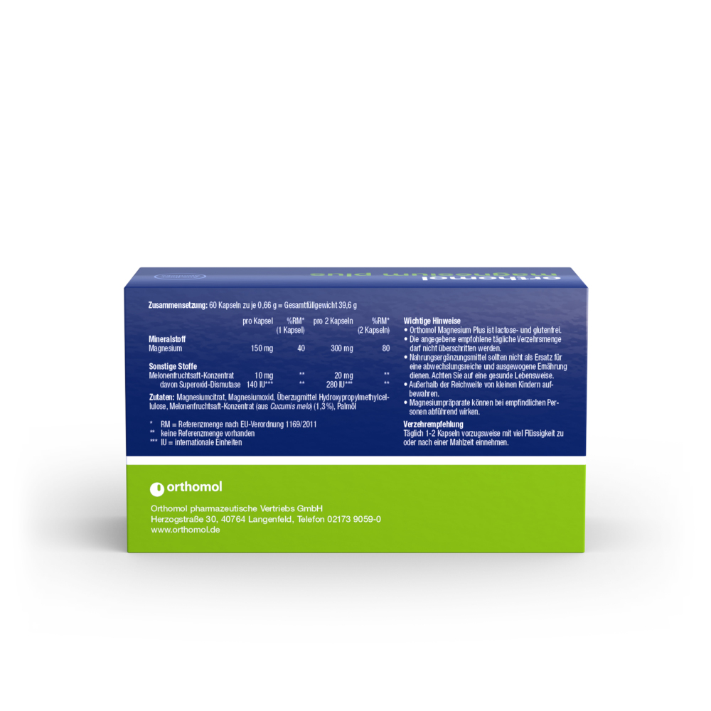 orthomol magnesium plus - mit 150 mg Magnesium und Superoxid-Dismutase aus Melonenfruchtsaft-Konzentrat - Kapseln