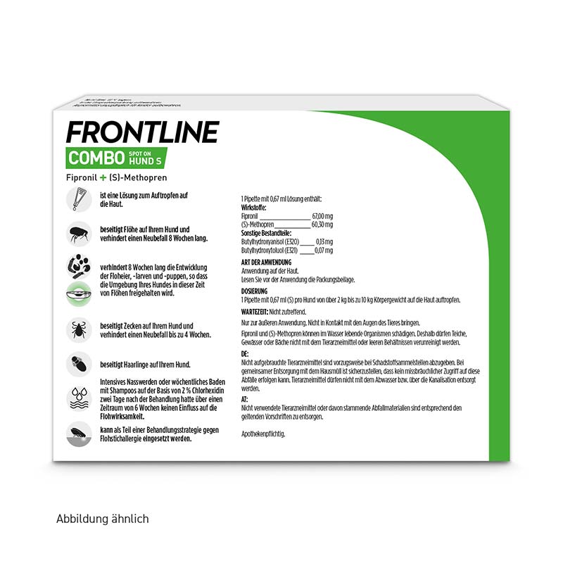 FRONTLINE COMBO gegen Zecken, Flöhe (Flöhe, Eier, Larven, Puppen) für Hunde S (5-10 Kg) 3 St Lösung