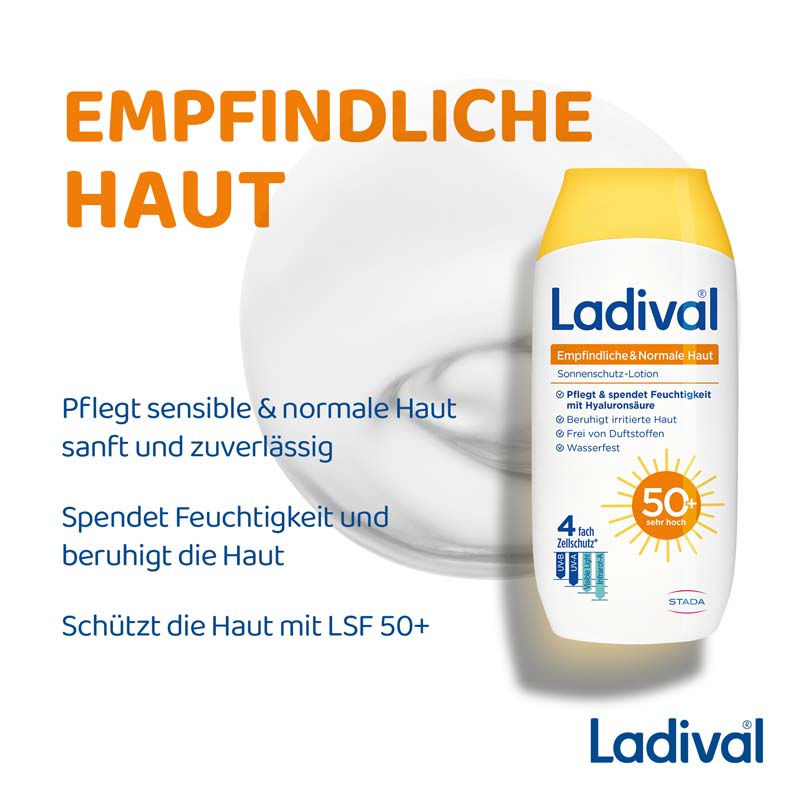 Ladvial Empfindliche & Normale Haut Sonnenschutz-Lotion LSF 50+: Sonnencreme für den Körper, spendet Feuchtigkeit, wasserfest, mit 4-fach Zellschutz, 200ml