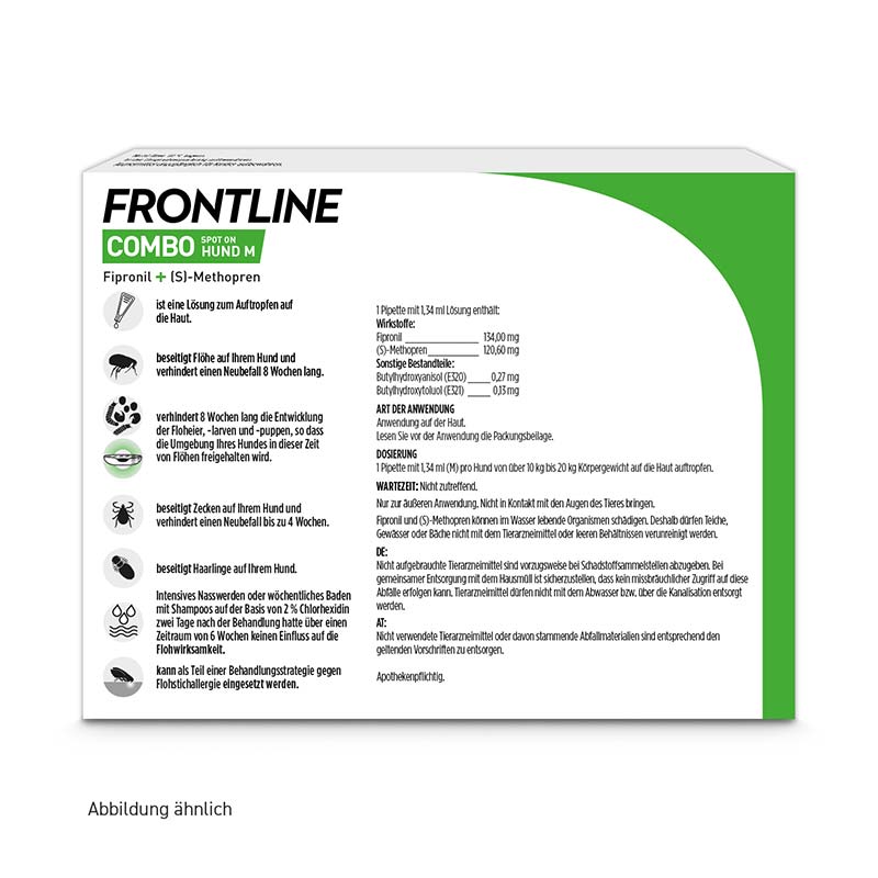 FRONTLINE COMBO gegen Zecken, Flöhe (Flöhe, Eier, Larven, Puppen) für Hunde M (10-20 Kg) 3 St Lösung