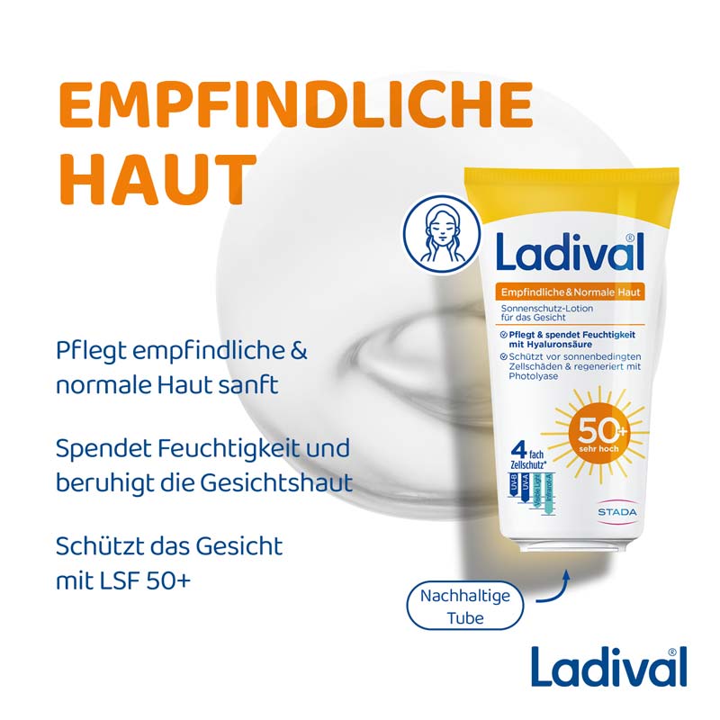 Ladival Empfindliche & Normale Haut Sonnenschutz-Lotion LSF 50+: Sonnencreme für das Gesicht bei empfindlicher und normaler Haut, mit 4-fach Zellschutz, Hyaluronsäure & Photolyase, 50ml