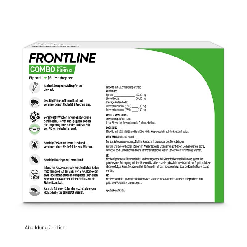 FRONTLINE COMBO gegen Zecken, Flöhe (Flöhe, Eier, Larven, Puppen) bei Hunden XL (40-60Kg) 3 St Lösung
