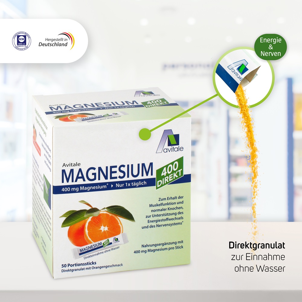 Avitale Magnesium 400 Direkt Orange Portionssticks 50X2.1 g Granulat