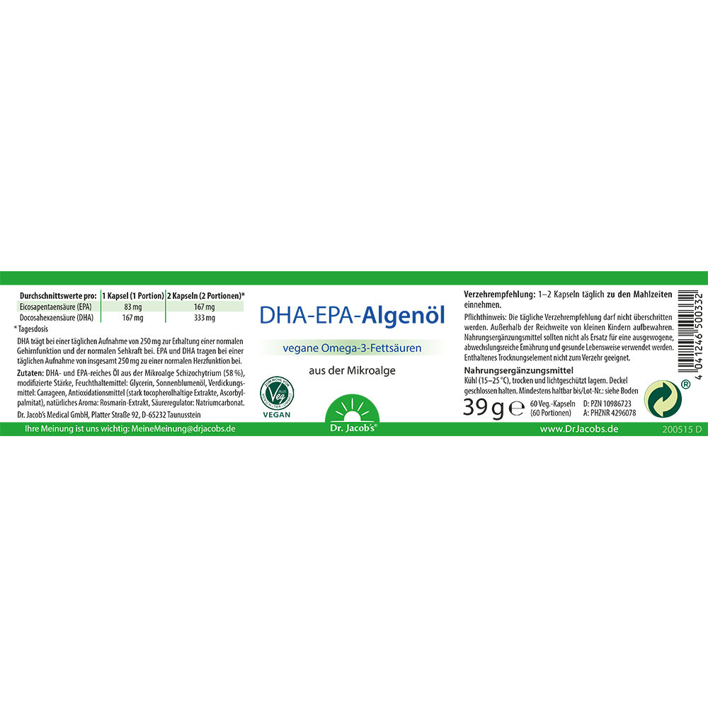 Dr. Jacob's DHA-EPA-Algenöl Kapseln Omega-3-Fettsäuren vegan