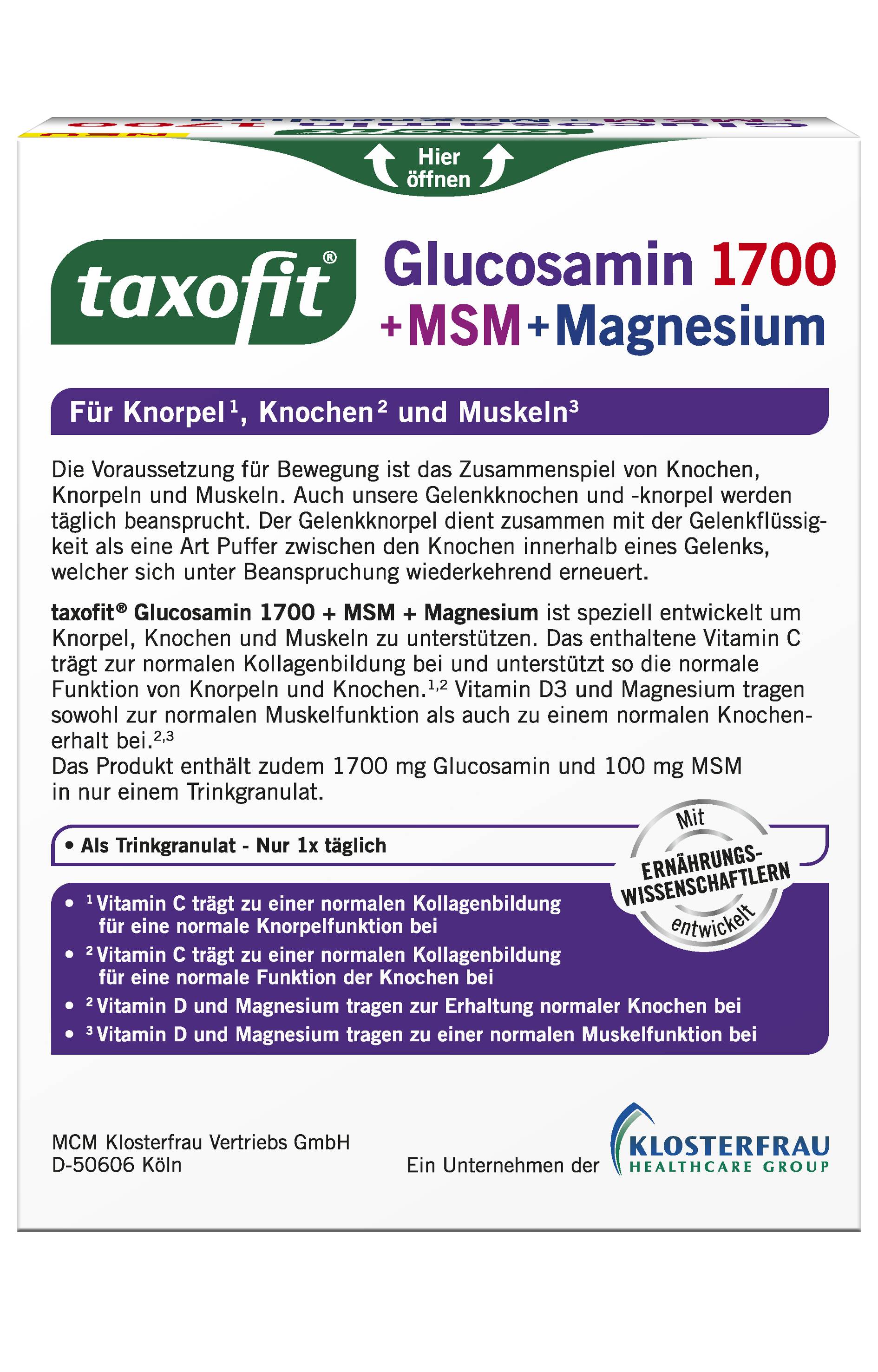 taxofit Glucosamin 1700 + MSM + Magnesium  20X4 g Granulat