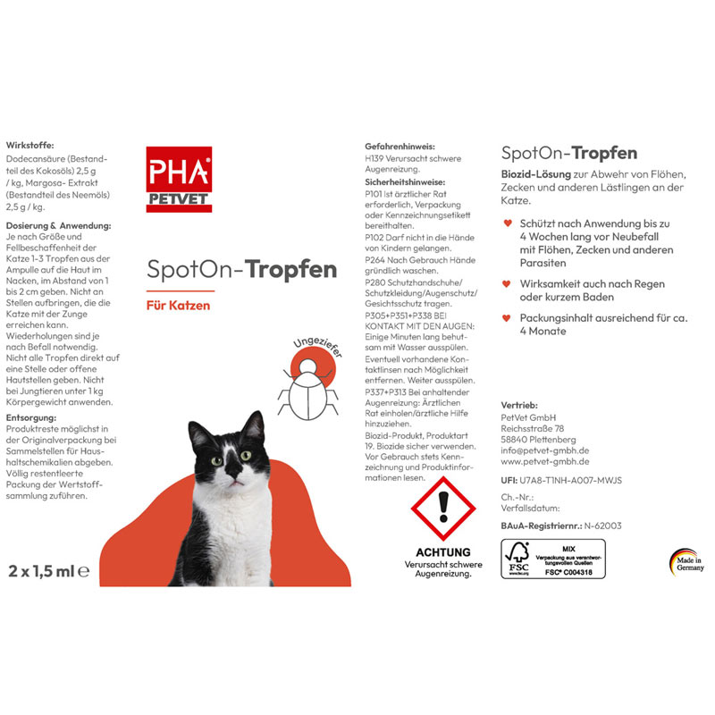 PHA Spot-on Tropfen für Katzen 2X1.5 ml Tropfen