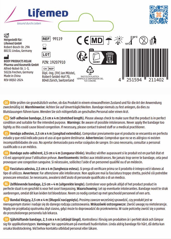 Lifemed Pflasterverband selbsthaftend 2,5 cm x 4 m 1 Packung Pflaster