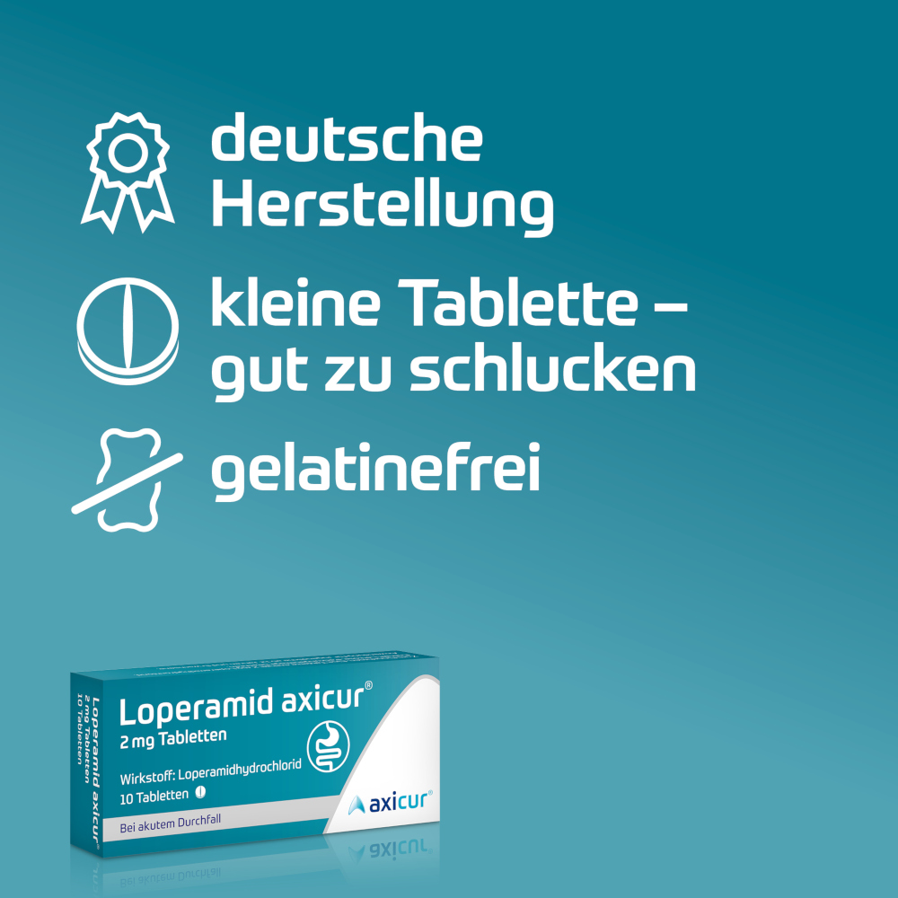 Loperamid axicur 2 mg bei akutem Durchfall 10 St Tabletten