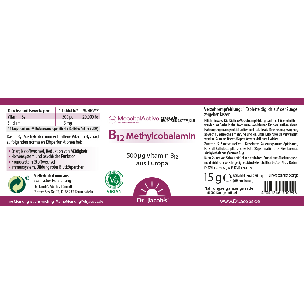 Dr. Jacob's Vitamin B12 Methylcobalamin hochdosiert vegan